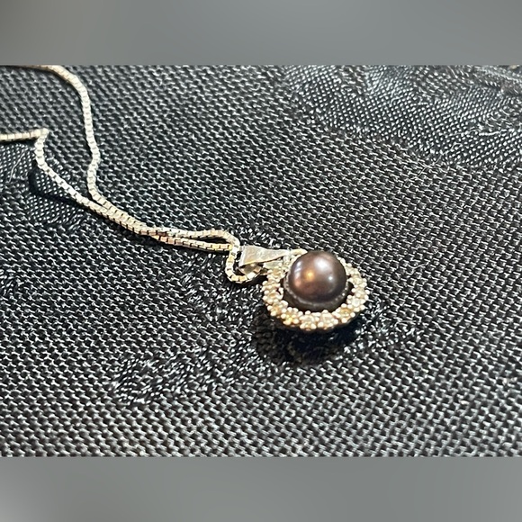 Stunning 925 Italian Sterling Silver Genuine Black Grey Pearl wDiamonds Necklace - Picture 9 of 13